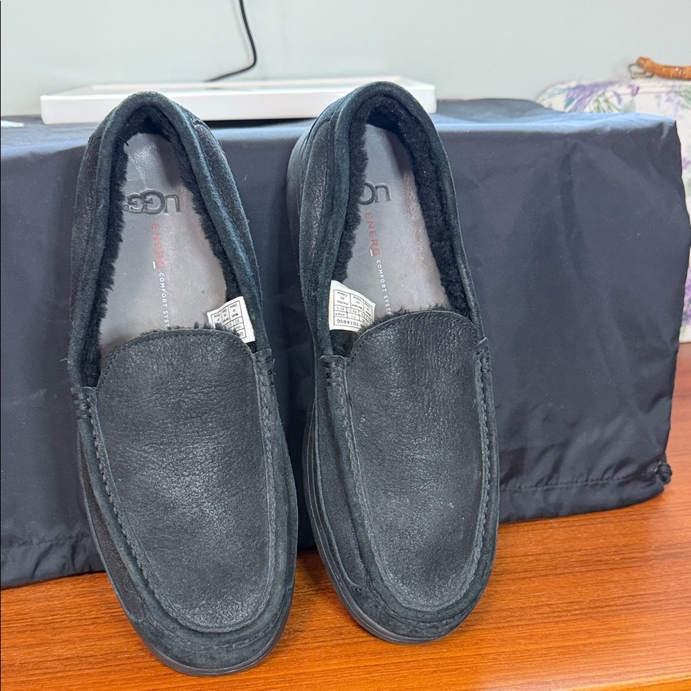 UGG Men’s Black Suede Slip-On Loafers with Shearling Lining